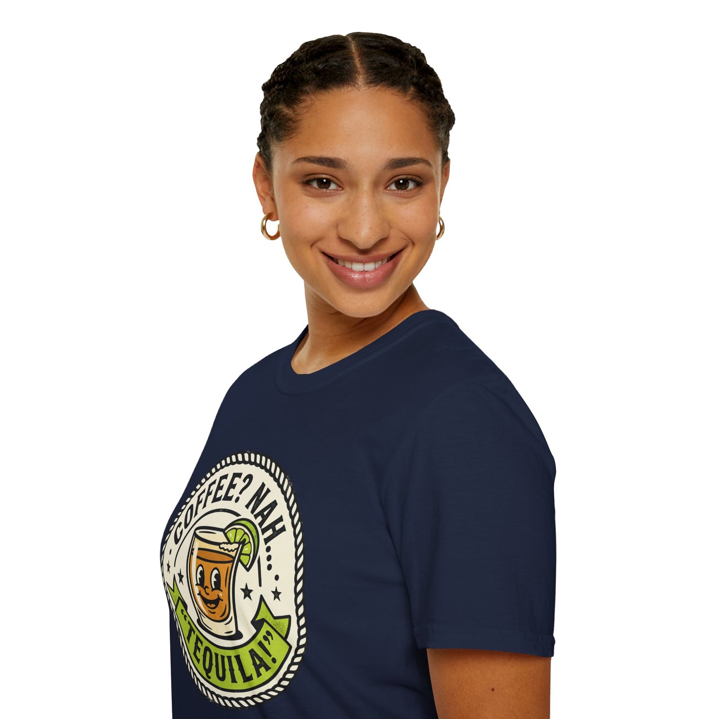 Coffee? Nah, Tequila! T-Shirt – Funny Shot Glass Graphic Tee for Party Lovers