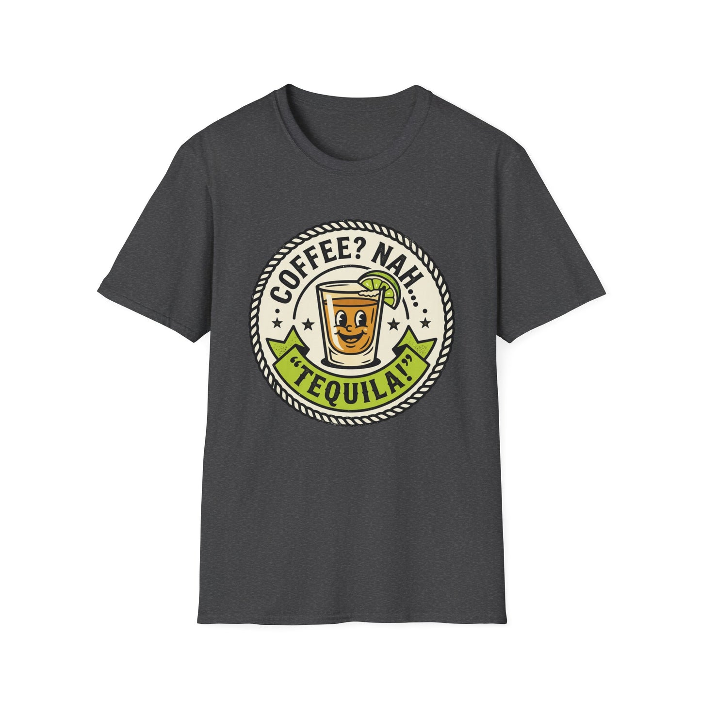 Coffee? Nah, Tequila! T-Shirt – Funny Shot Glass Graphic Tee for Party Lovers