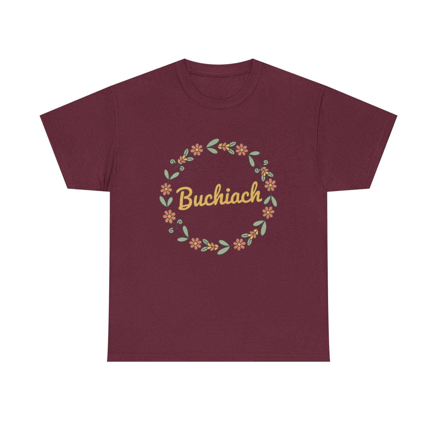 Buchiach Floral Wreath T-Shirt — Retro Script Garden Tee Printify