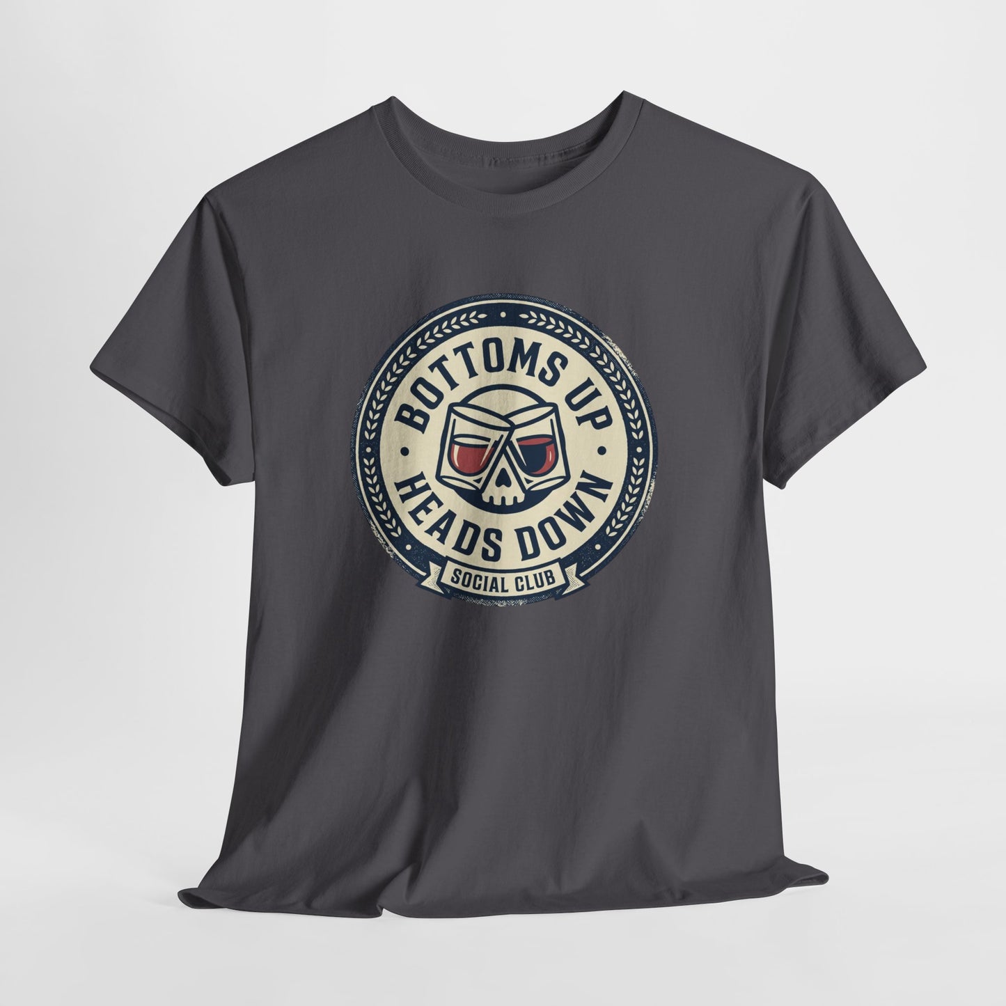 "Bottoms Up Heads Down" Skull Beer Logo Tee