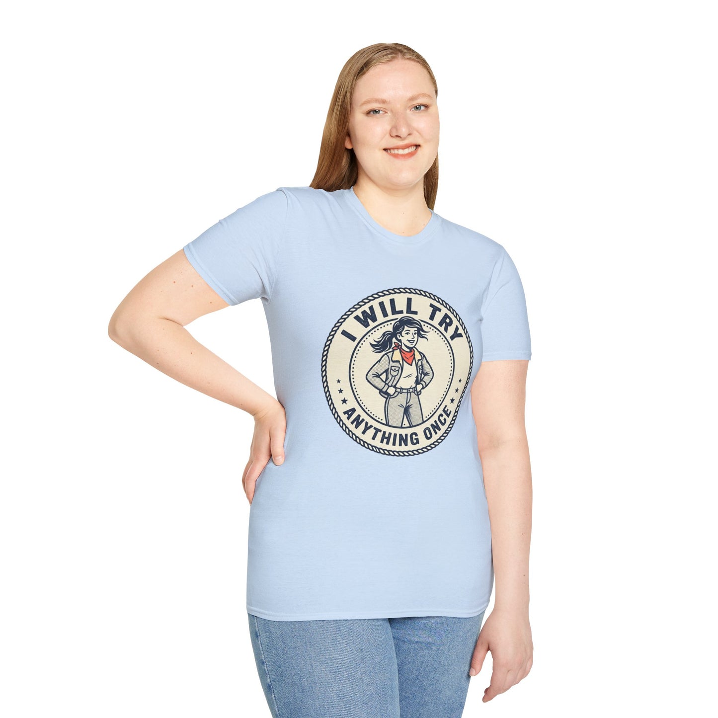 I Will Try Anything Once T-Shirt — Retro Adventurous Vintage Badge Tee