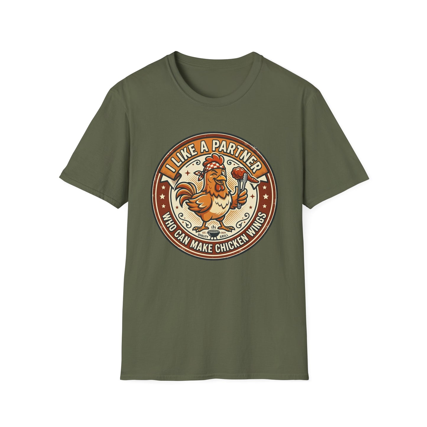 Funny Chicken Wings T-Shirt — "I Like A Partner Who Can Make Chicken Wings" Crew Tee