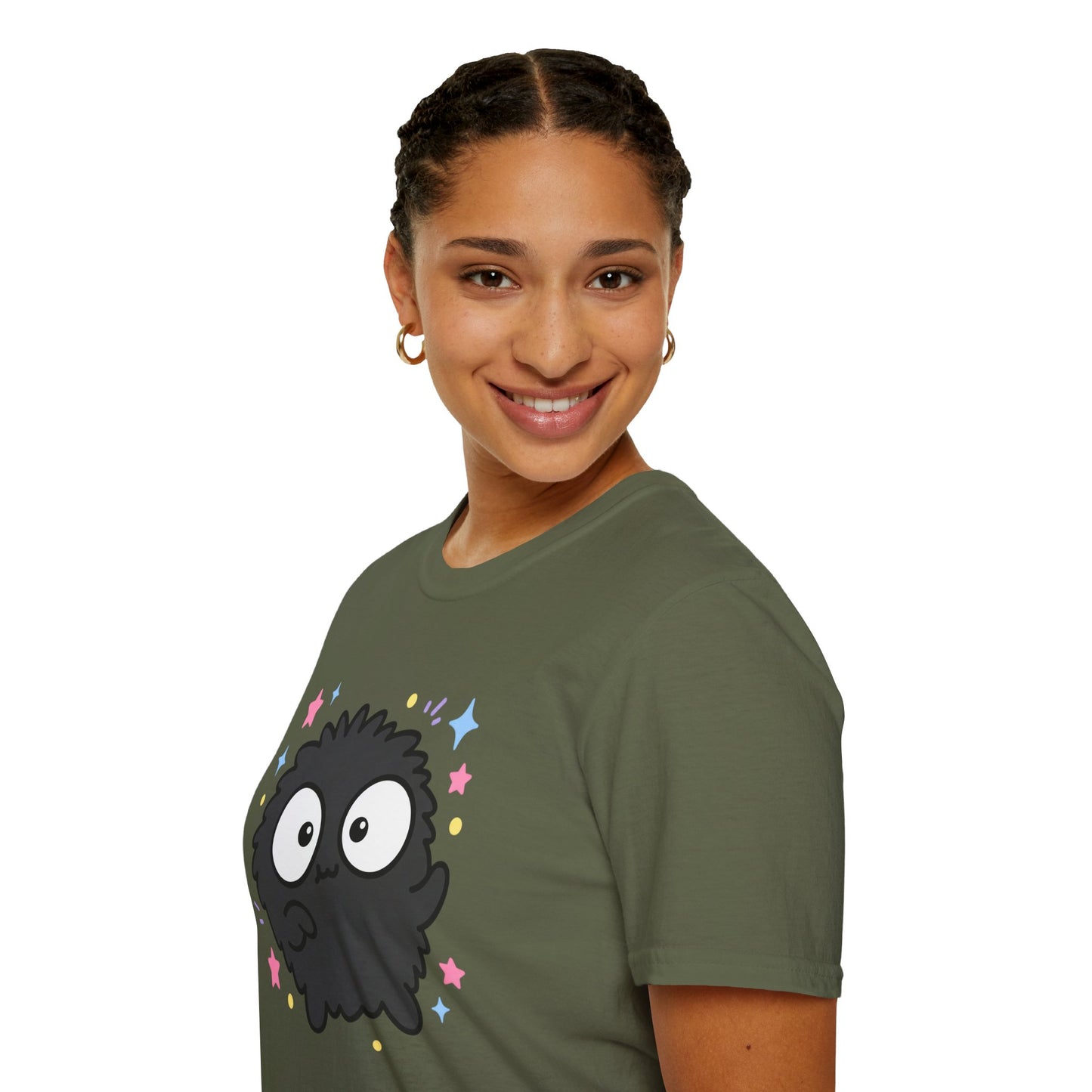 Cute Black Fuzzball T-Shirt — Kawaii Monster Tee with Stars