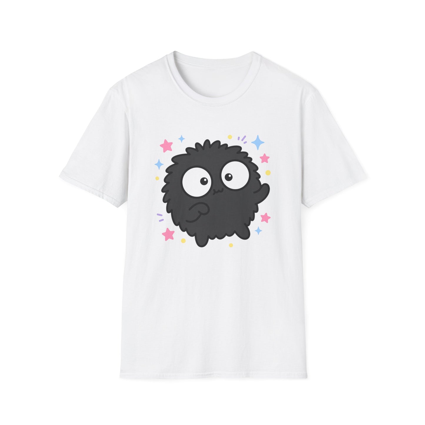 Cute Black Fuzzball T-Shirt — Kawaii Monster Tee with Stars