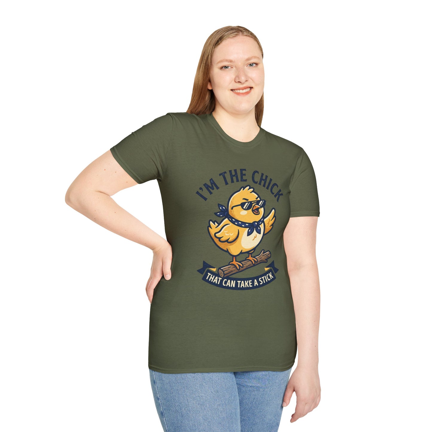 I’m the Chick That Can Take a Stick T-Shirt — Cute Tough Chick Graphic Tee Printify