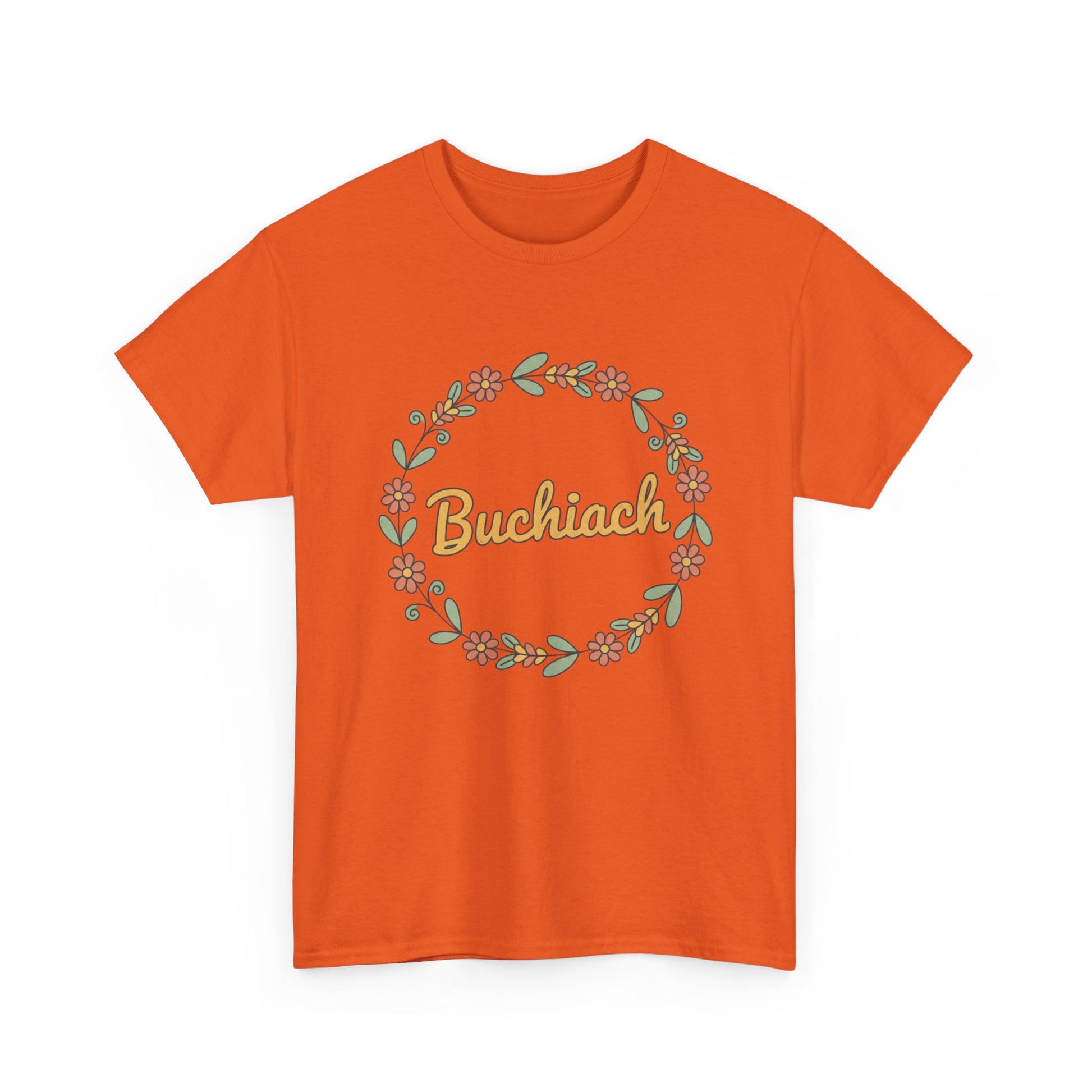 Buchiach Floral Wreath T-Shirt — Retro Script Garden Tee Printify