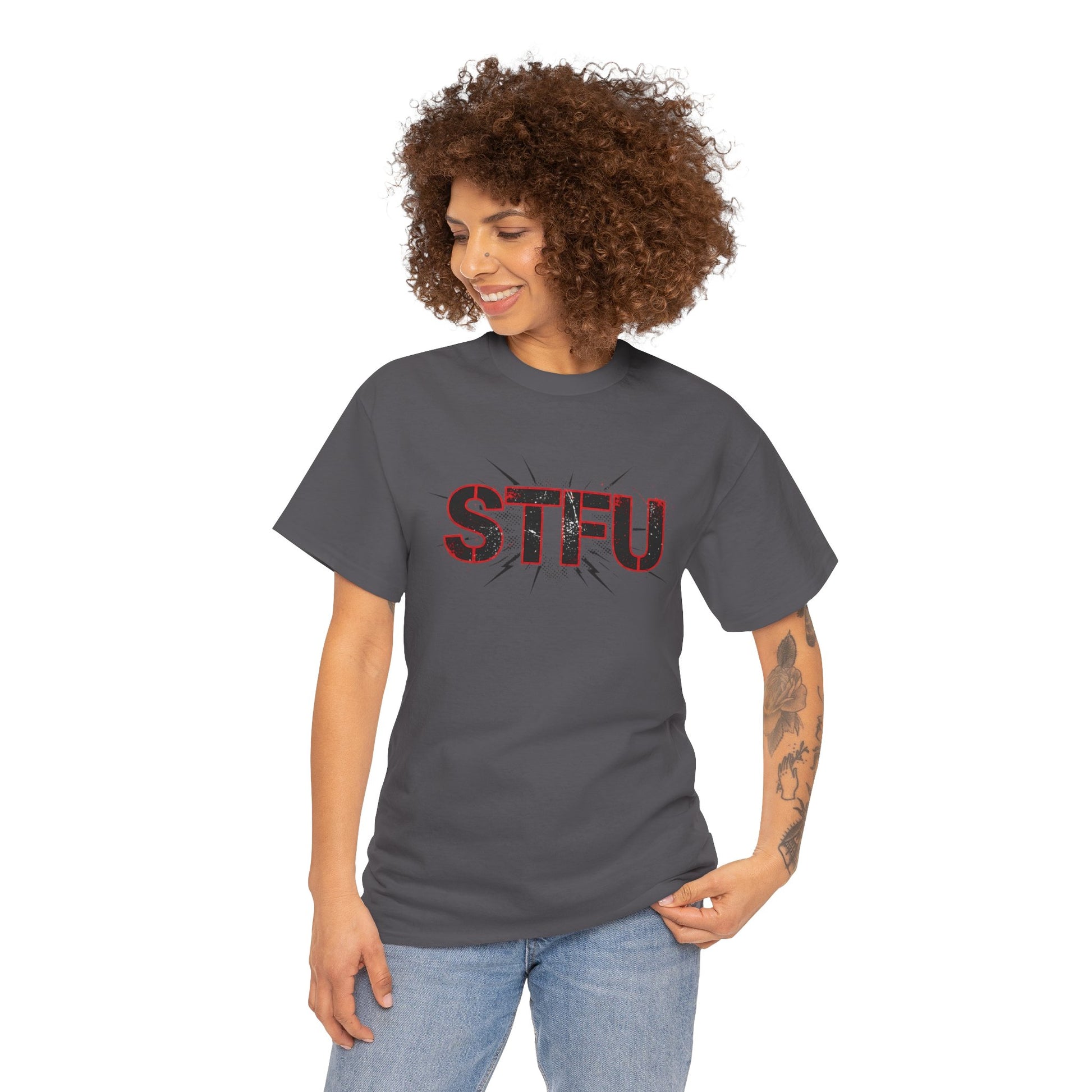 STFU Graphic Tee — Bold Distressed Text Shirt for Statement Style Printify