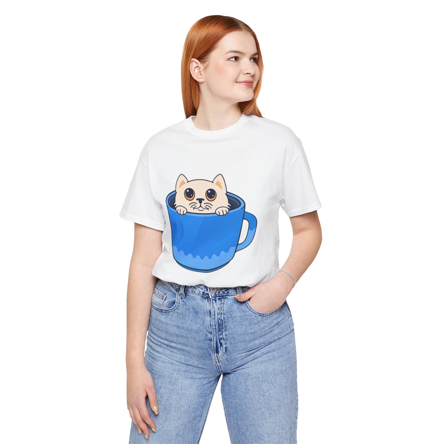 Cat in a Blue Mug T‑Shirt — Cute Kawaii Kitten Tee