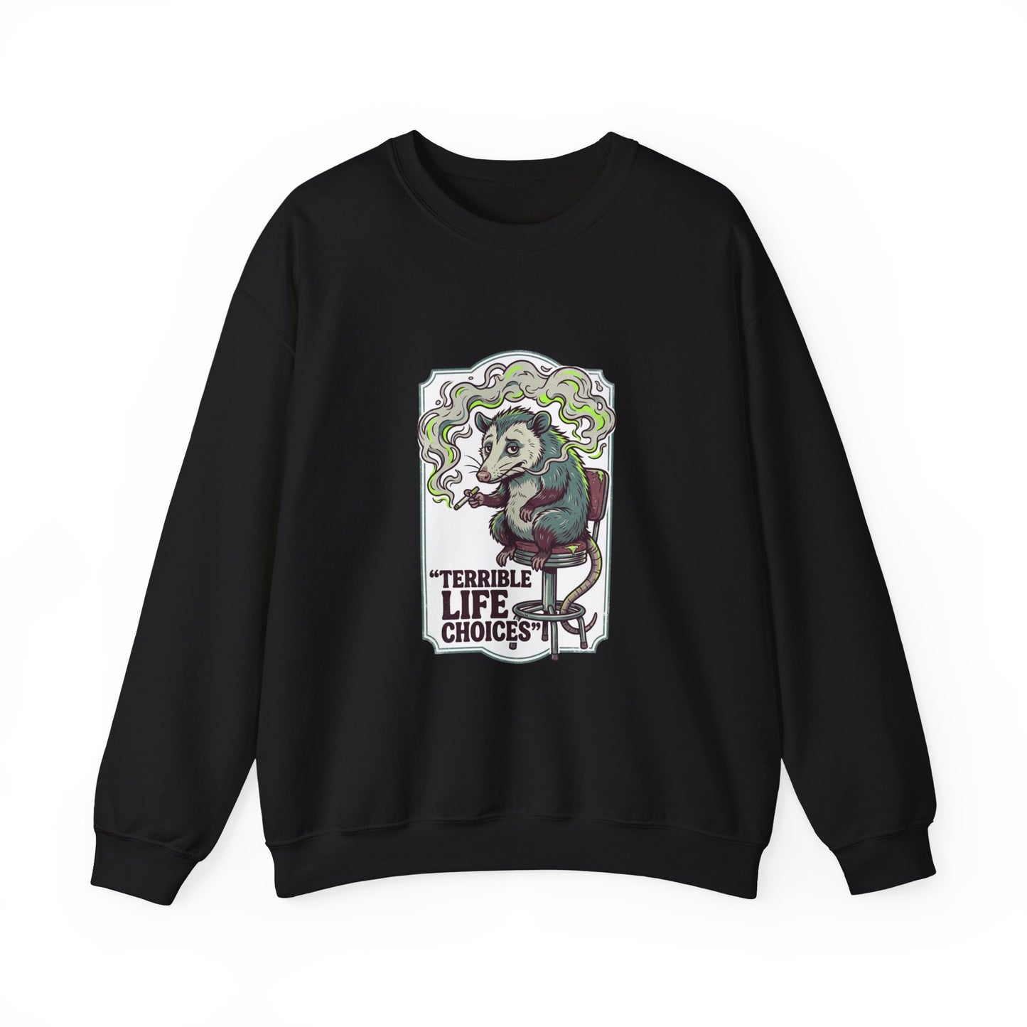 Terrible Life Choices opossum smoking sweatshirt | absurdist animal, ironic alt meme