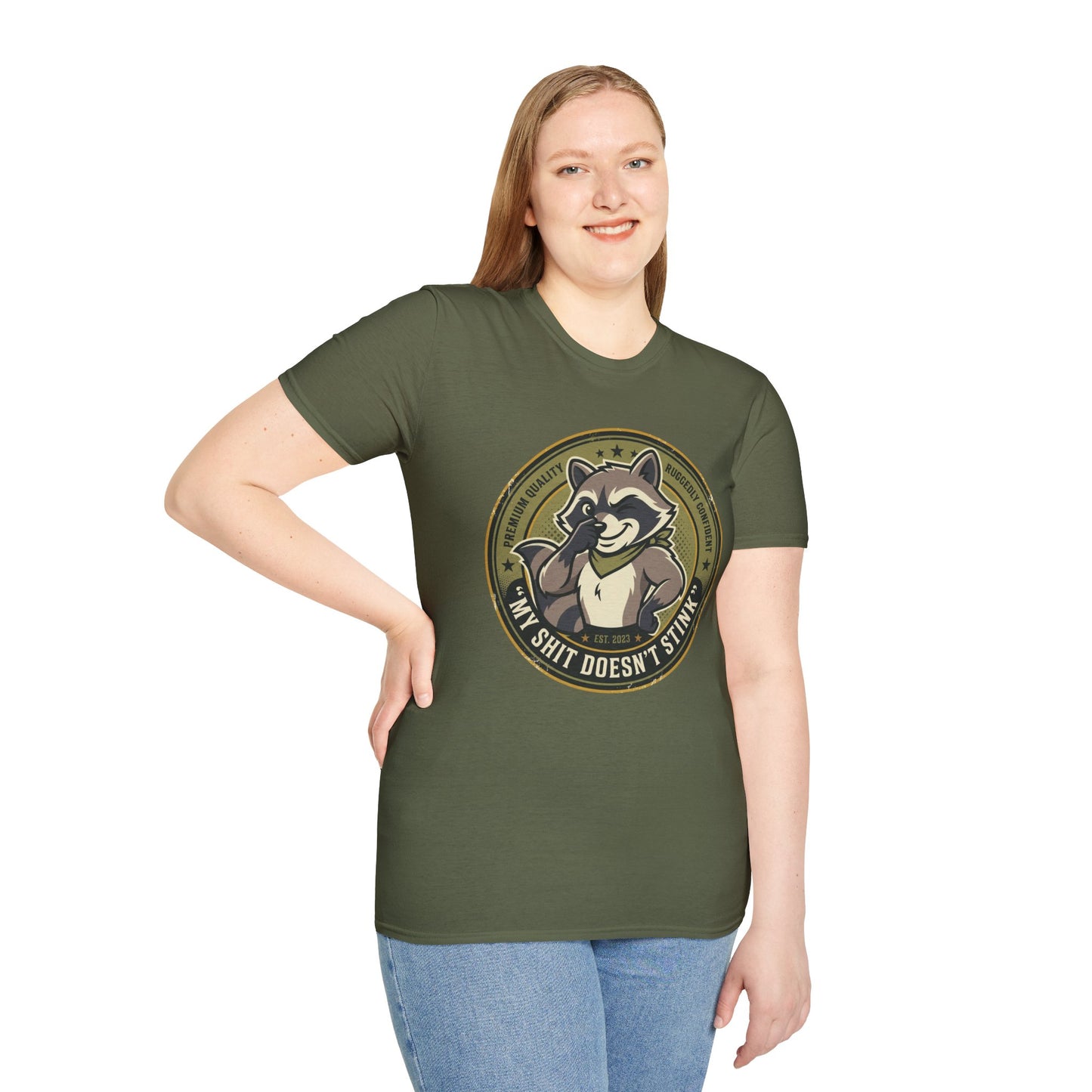 Raccoon Badge T-Shirt — "My Shit Doesn't Stink" Funny Graphic Tee Printify