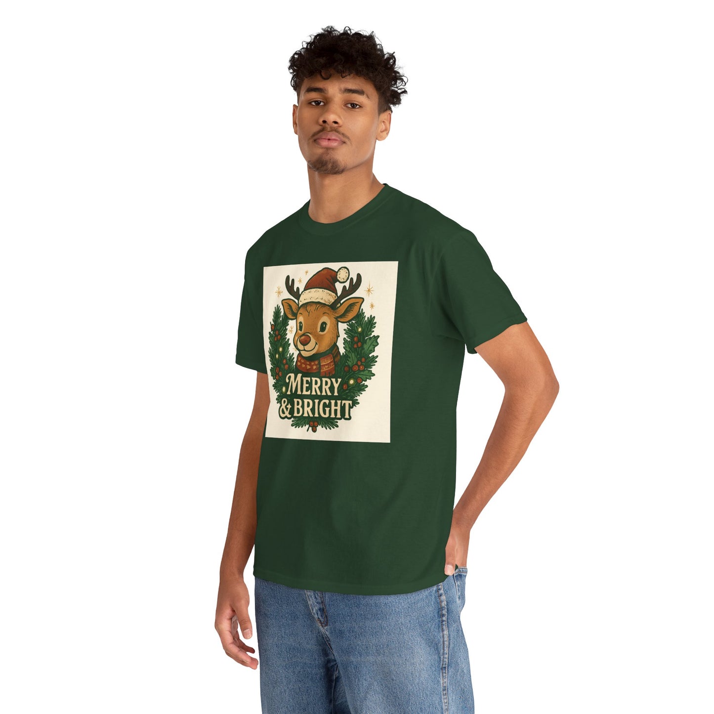 Merry & Bright Reindeer Christmas T-Shirt Printify