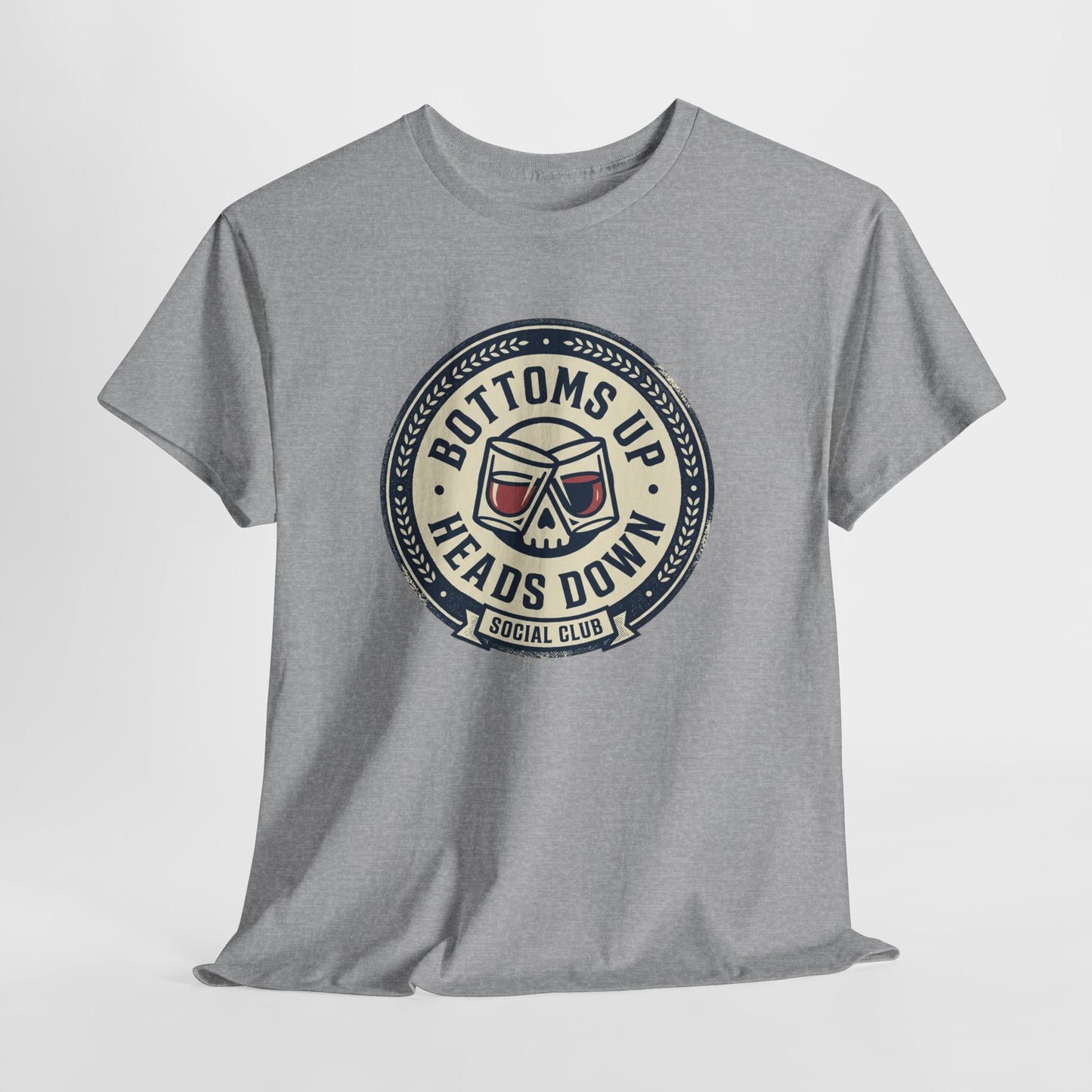 "Bottoms Up Heads Down" Skull Beer Logo Tee