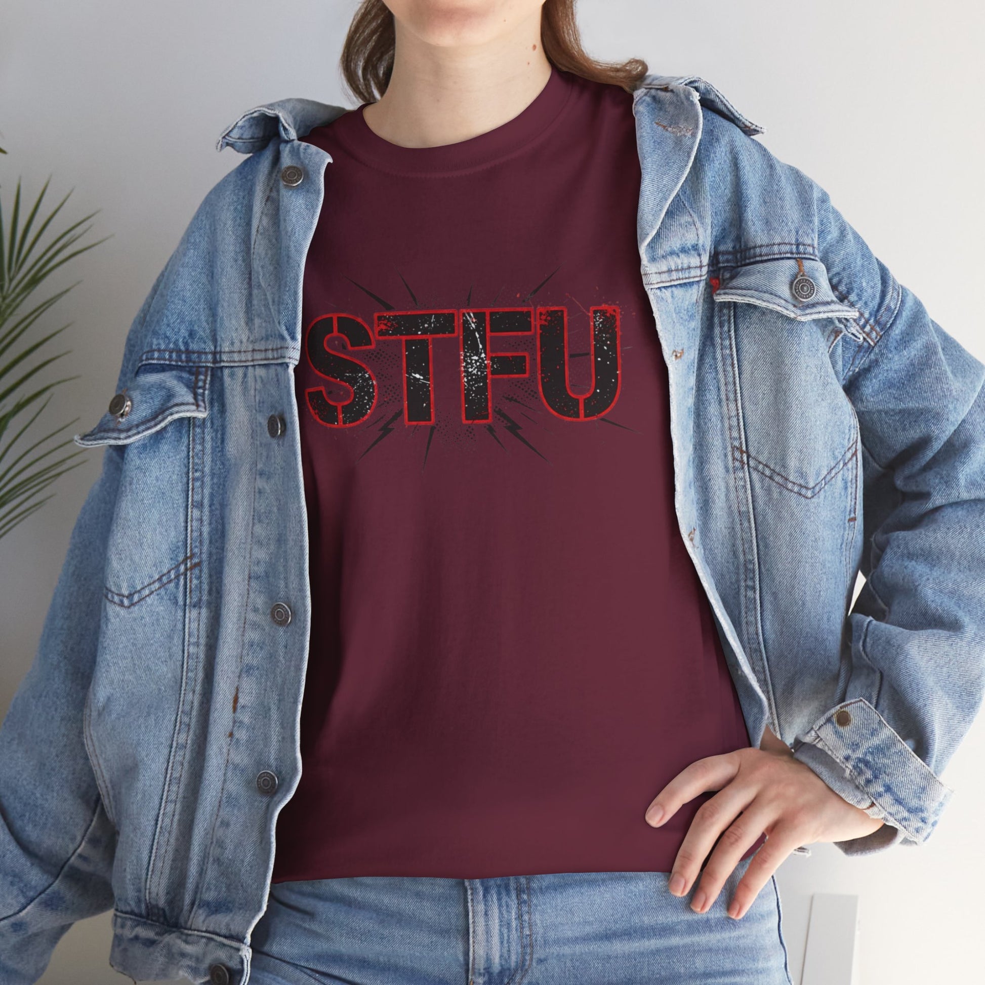 STFU Graphic Tee — Bold Distressed Text Shirt for Statement Style Printify