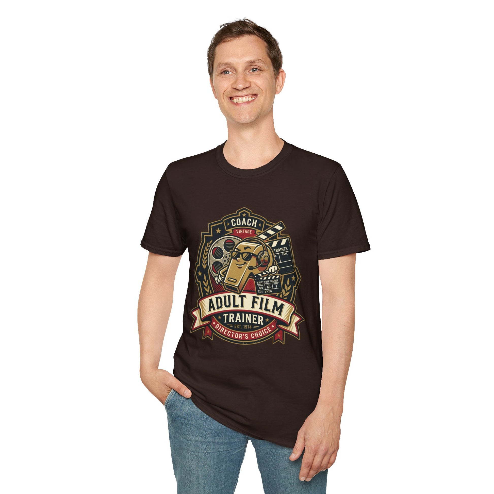 Adult Film Trainer T-Shirt — Vintage Director’s Coach Movie Reel Tee Printify