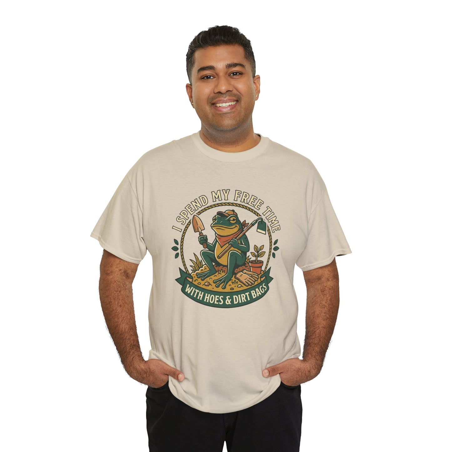 Gardening Frog T-Shirt — "I Spend My Free Time With Hoes & Dirt Bags" Funny Garden Tee