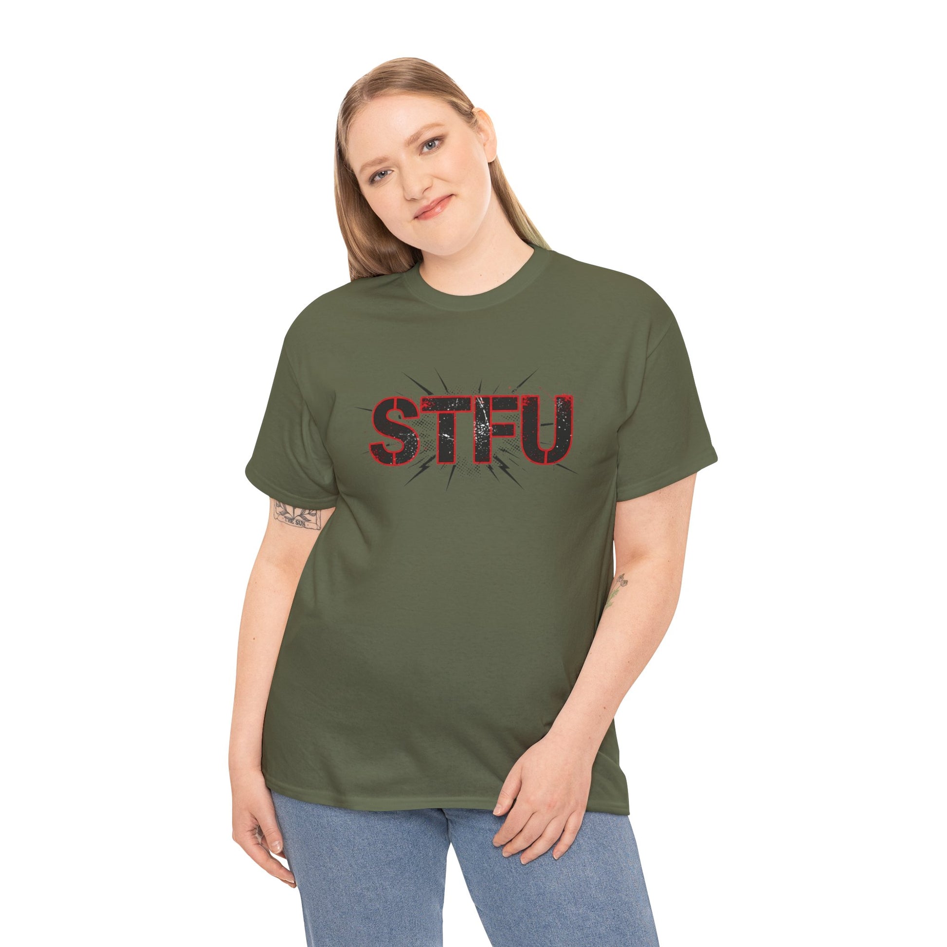STFU Graphic Tee — Bold Distressed Text Shirt for Statement Style Printify
