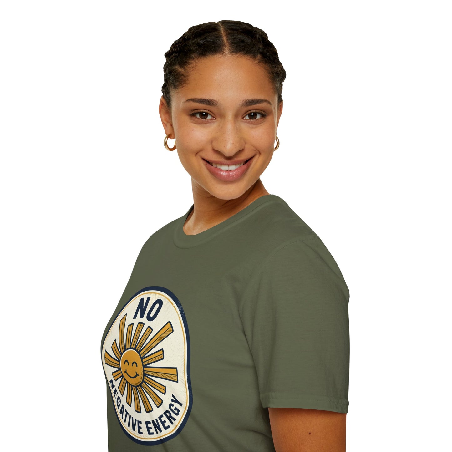 No Negative Energy T-Shirt — Retro Smiling Sun Positive Vibes Tee
