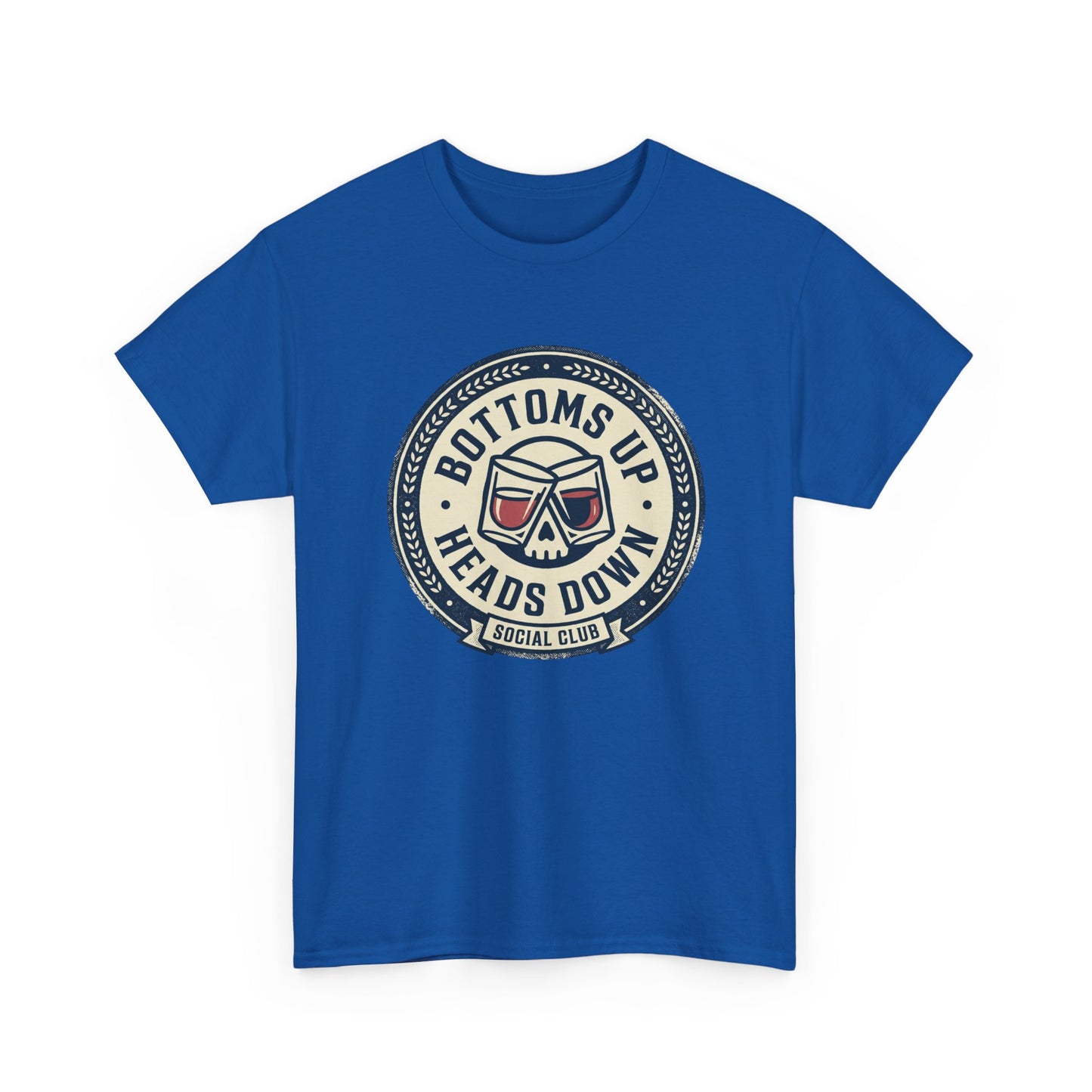 "Bottoms Up Heads Down" Skull Beer Logo Tee