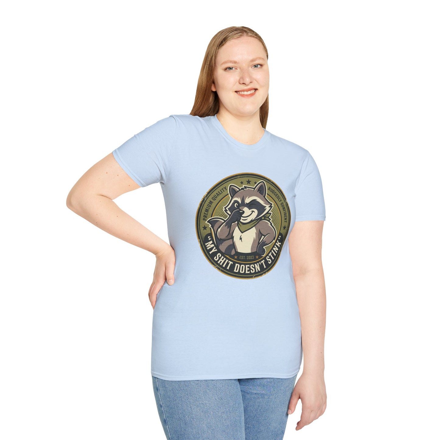 Raccoon Badge T-Shirt — "My Shit Doesn't Stink" Funny Graphic Tee Printify