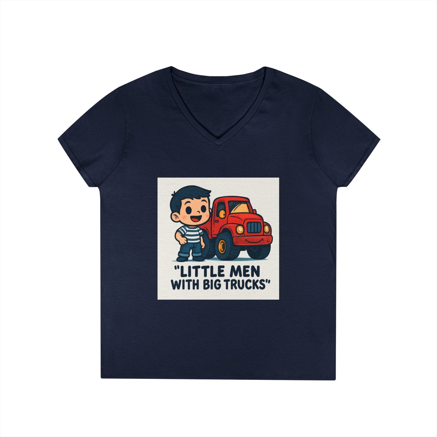 Ladies' V-Neck T-Shirt — "Little Men with Big Trucks" Cute Retro Truck Tee for Kids & Moms Printify