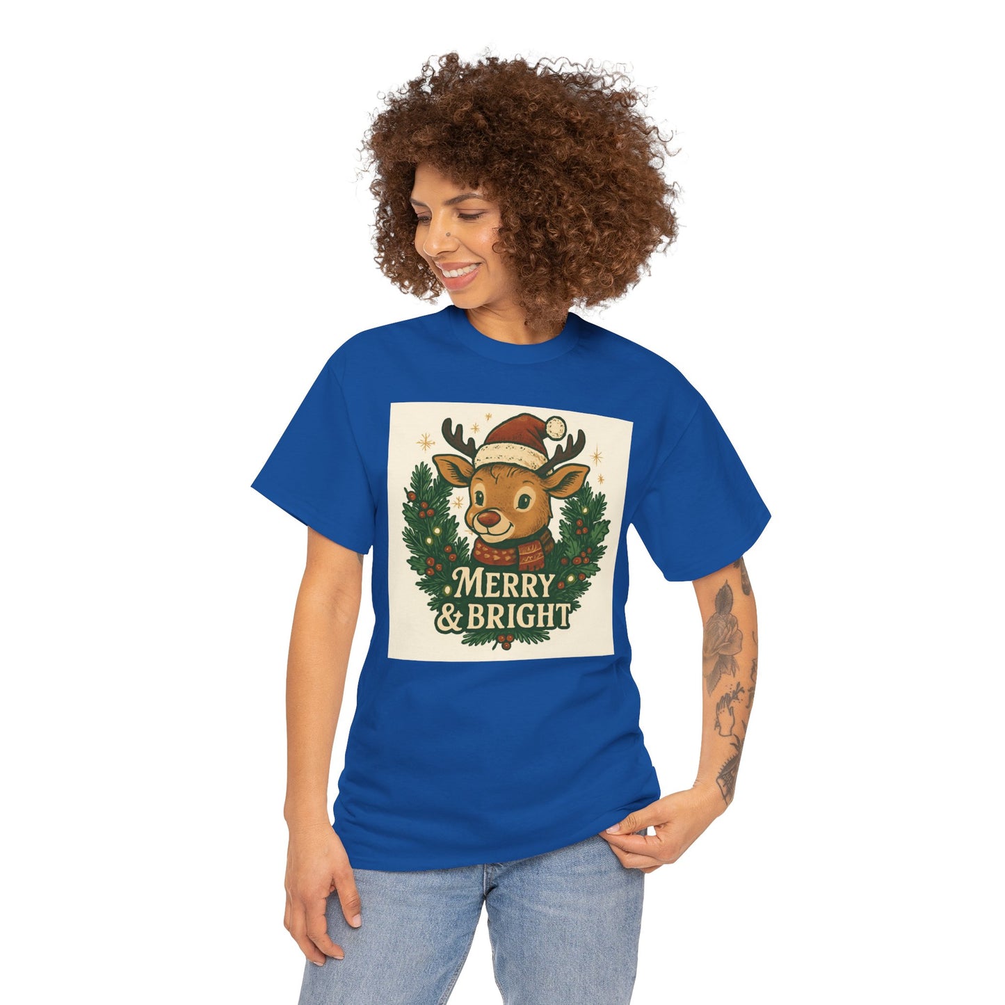 Merry & Bright Reindeer Christmas T-Shirt Printify