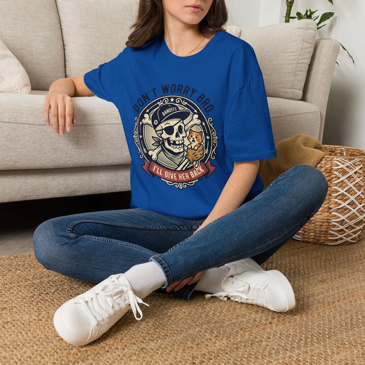 Skull & Cat T-Shirt — "Don't Worry Bro, I'll Give Her Back" Vintage Tee