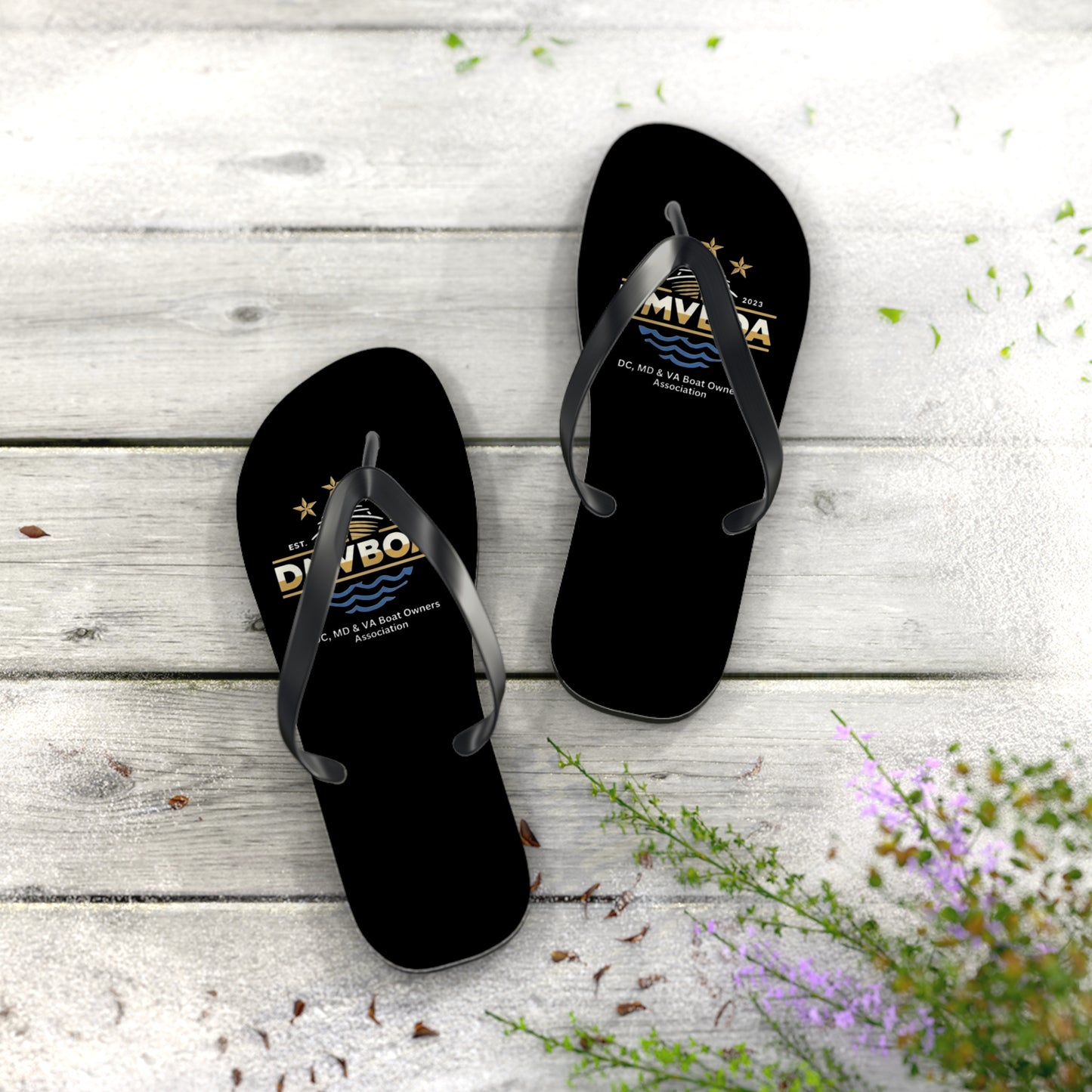 Black Logo Flip Flops — DMV Boat Owners Association Summer Sandals DMVBOA