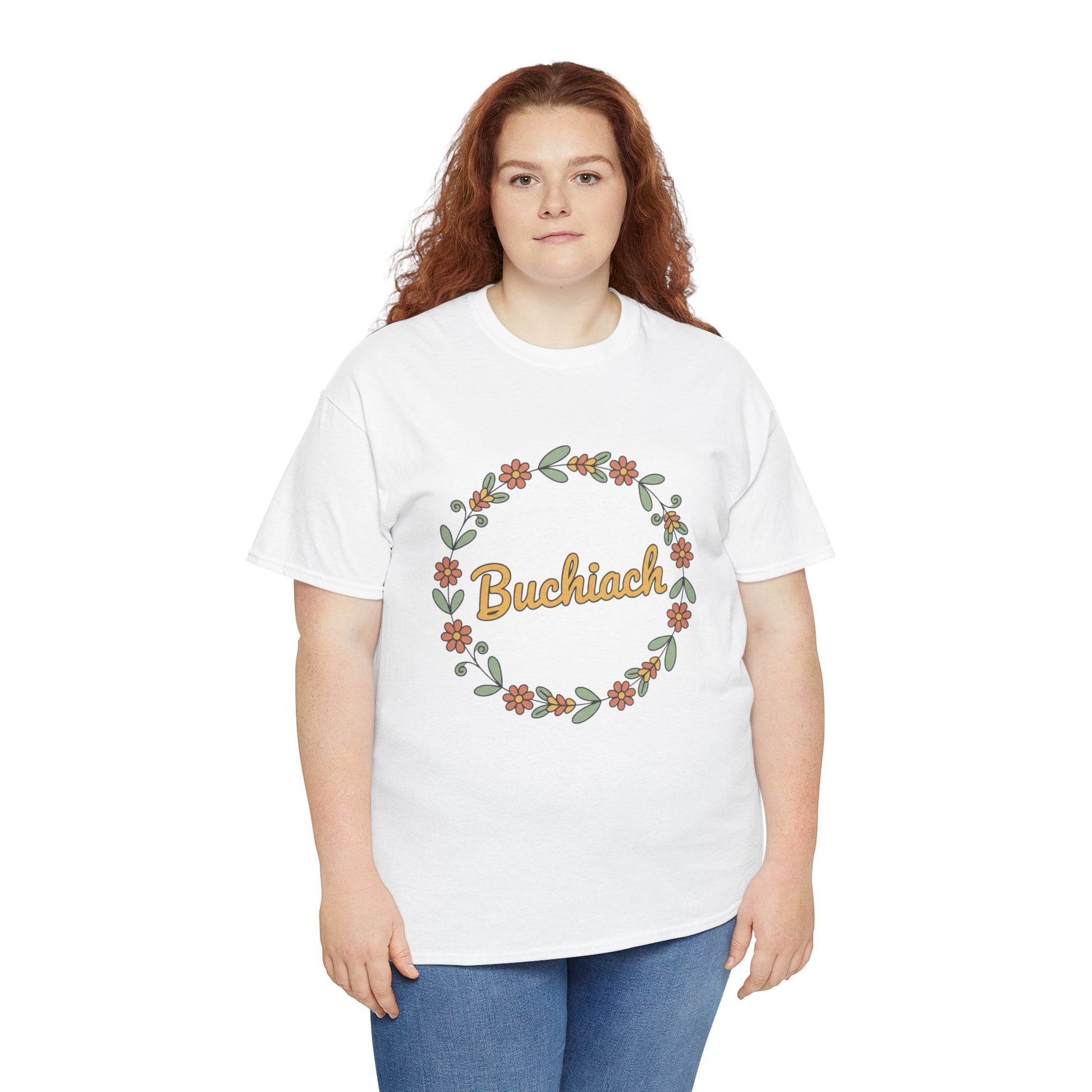 Buchiach Floral Wreath T-Shirt — Retro Script Garden Tee Printify