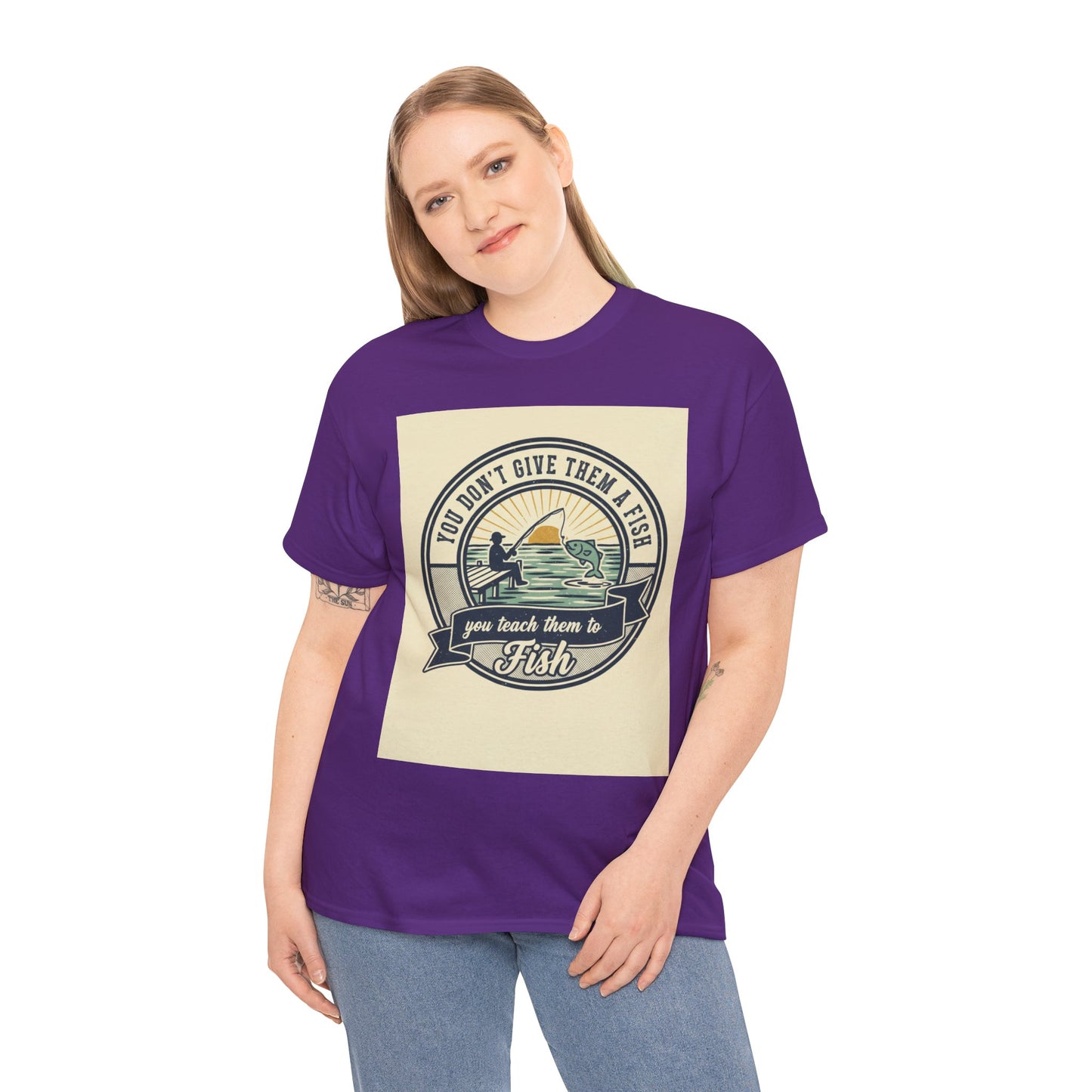 Fishing Vintage Badge T-Shirt — "You Don’t Give Them a Fish, You Teach Them to Fish" Graphic Tee