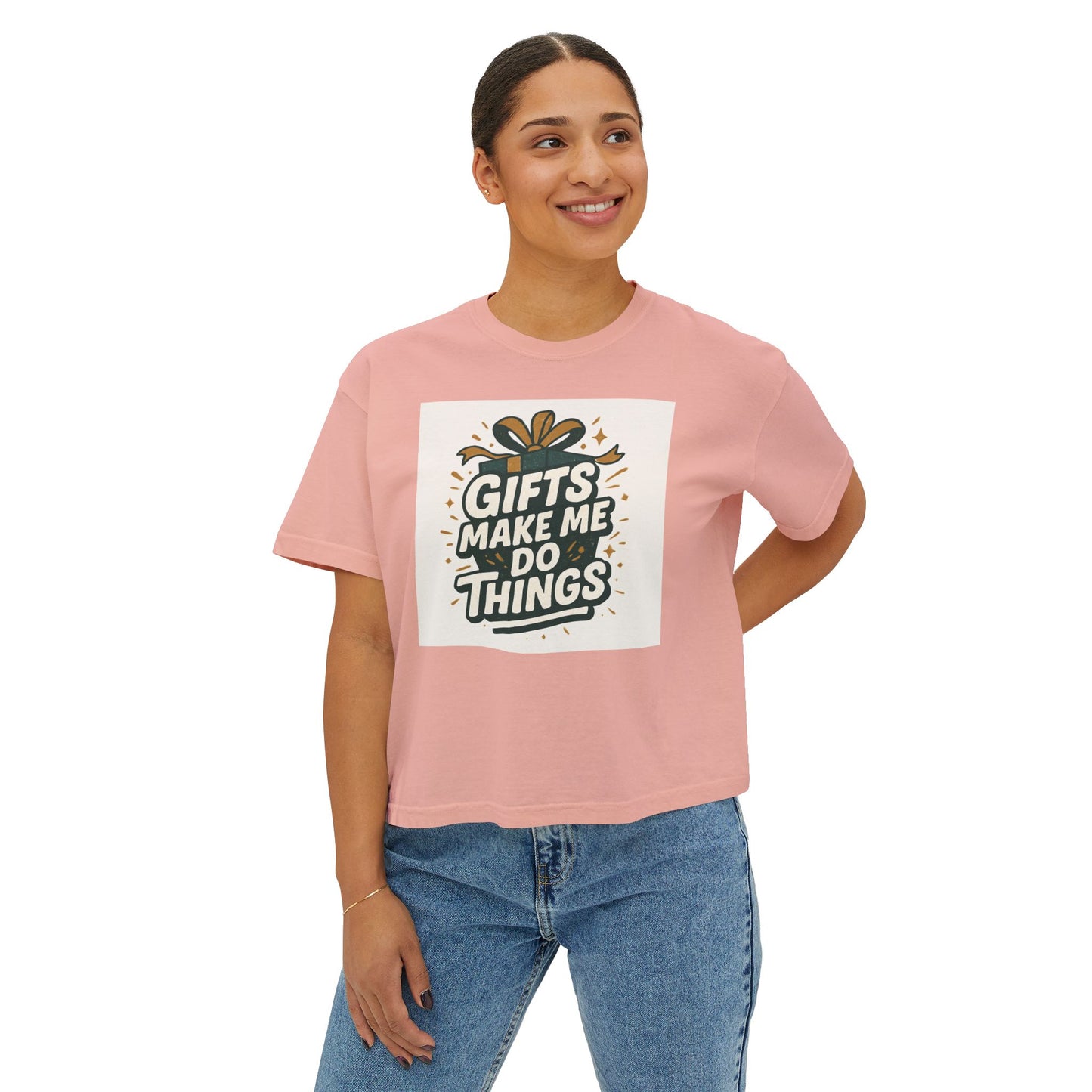 Gifts Make Me Do Things Graphic Boxy Tee — Women’s Casual Crop T-Shirt