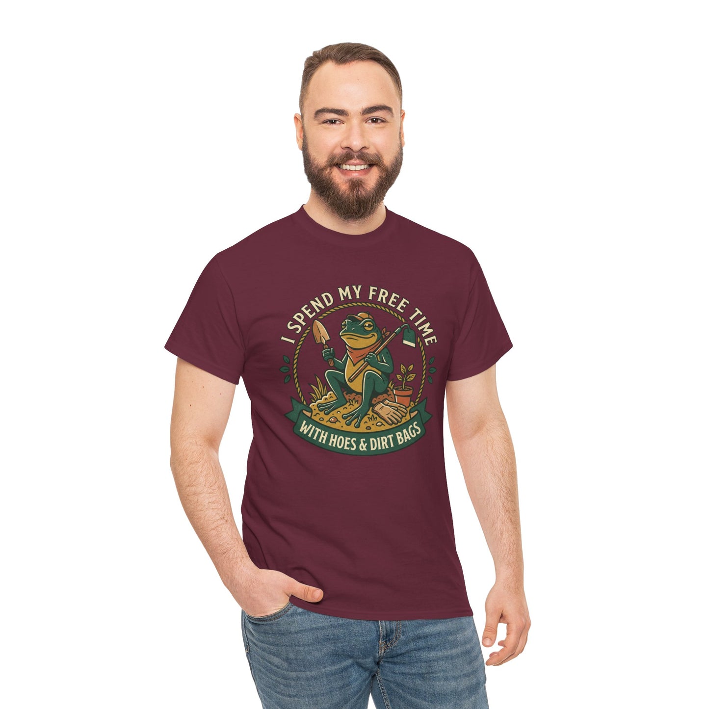 Gardening Frog T-Shirt — "I Spend My Free Time With Hoes & Dirt Bags" Funny Garden Tee
