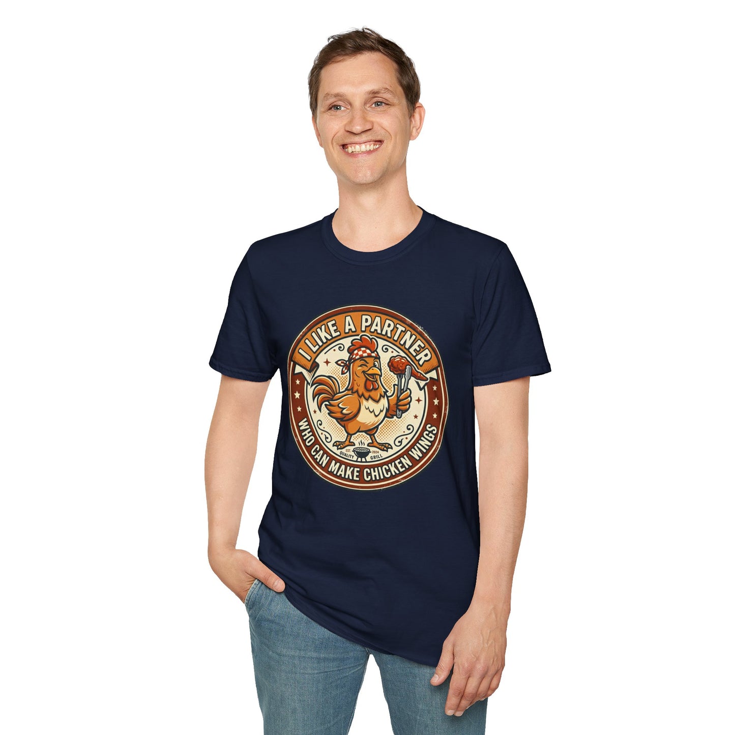 Funny Chicken Wings T-Shirt — "I Like A Partner Who Can Make Chicken Wings" Crew Tee