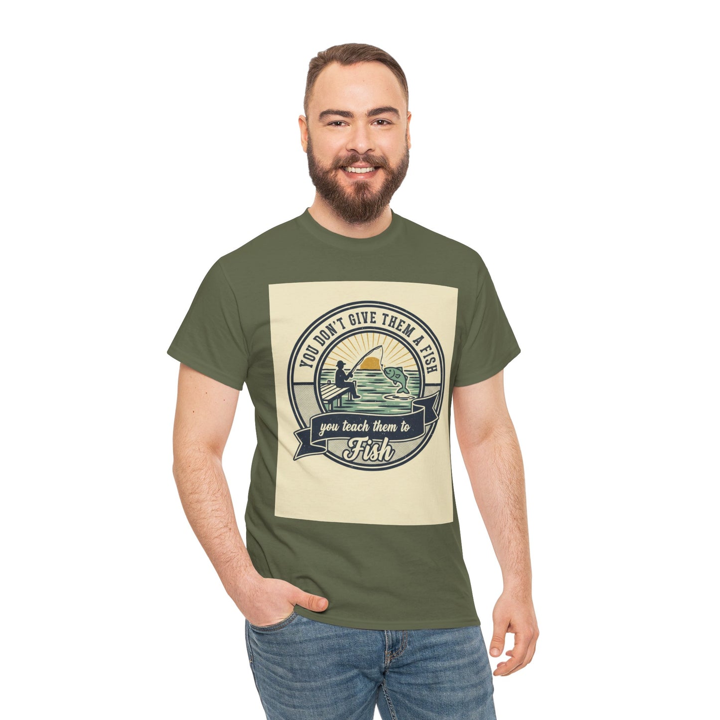 Fishing Vintage Badge T-Shirt — "You Don’t Give Them a Fish, You Teach Them to Fish" Graphic Tee