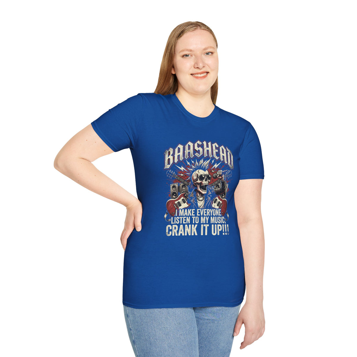 Basshead Skull T-Shirt — “I Make Everyone Listen to My Music, Crank It Up!” Guitar & Speaker Rock Tee