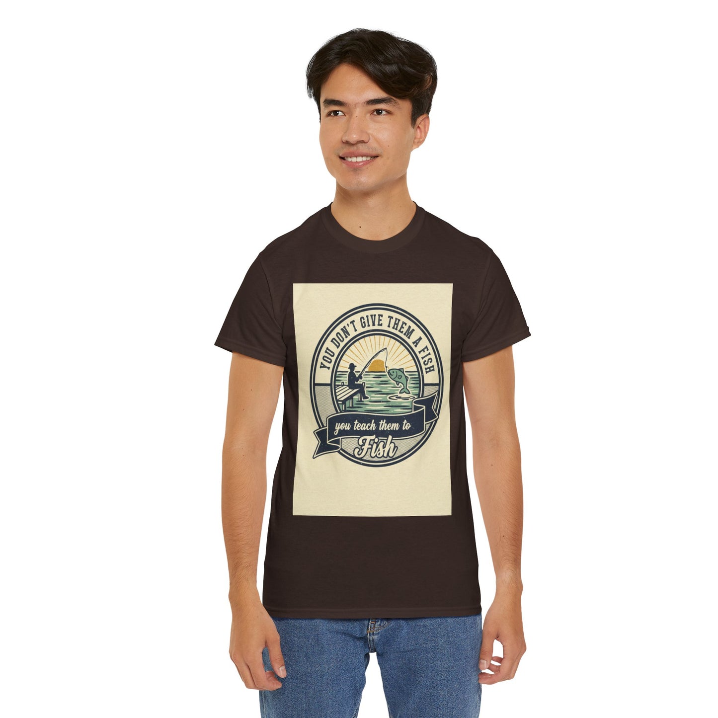 Fishing Vintage Badge T-Shirt — "You Don’t Give Them a Fish, You Teach Them to Fish" Graphic Tee