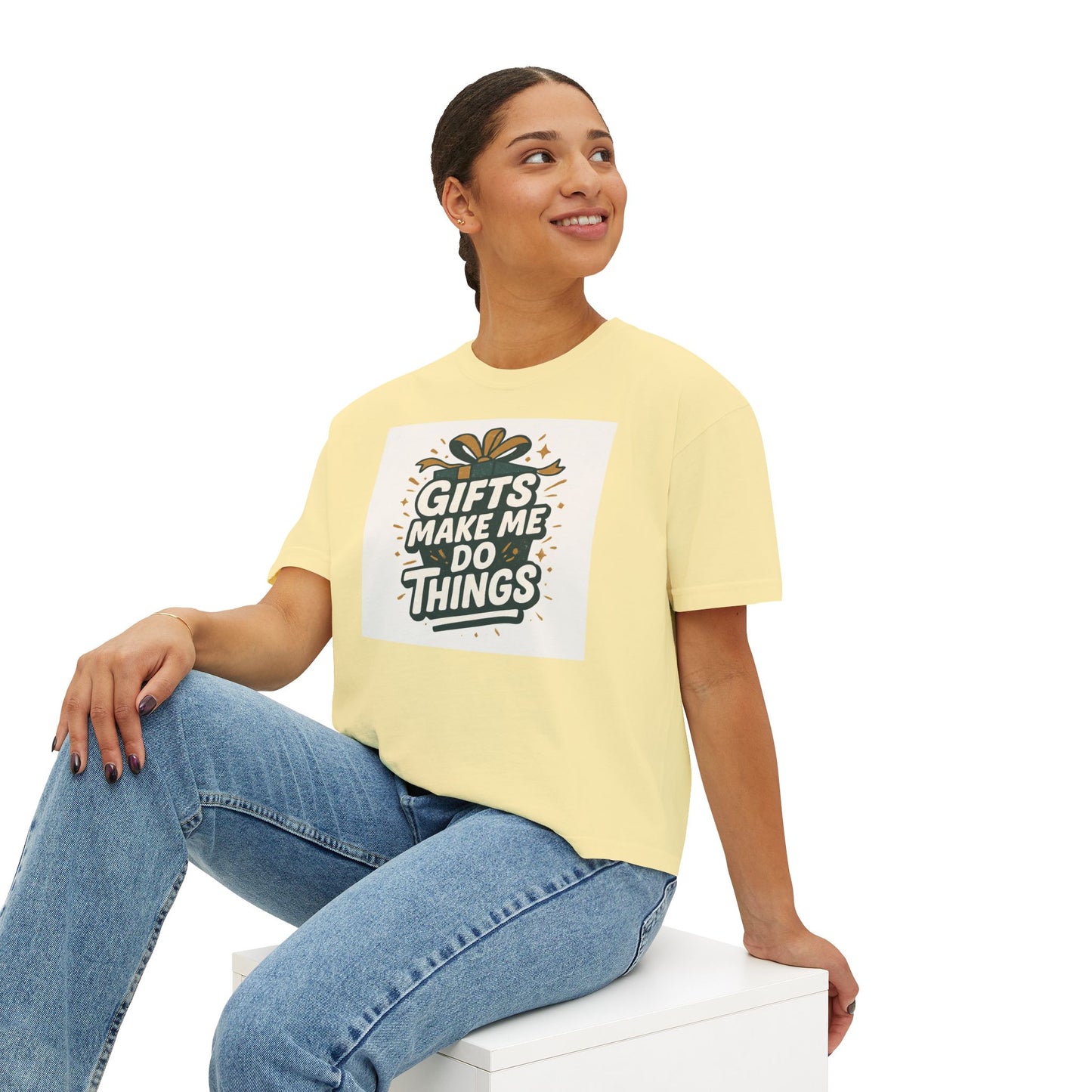 Gifts Make Me Do Things Graphic Boxy Tee — Women’s Casual Crop T-Shirt