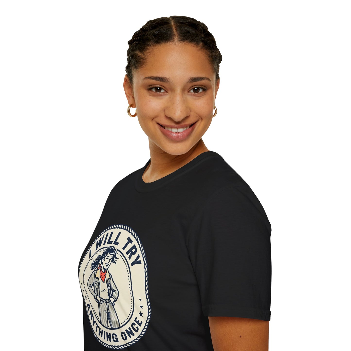 I Will Try Anything Once T-Shirt — Retro Adventurous Vintage Badge Tee