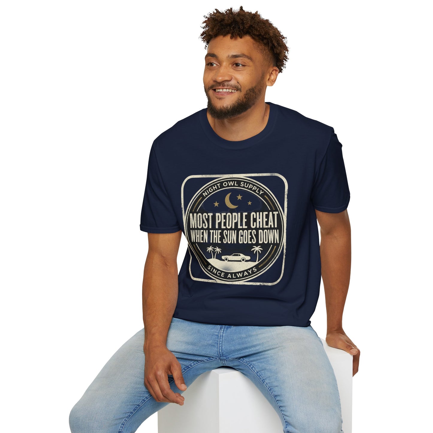 “Most People Cheat When The Sun Goes Down” Vintage Graphic Tee-Night Owl T-Shirt