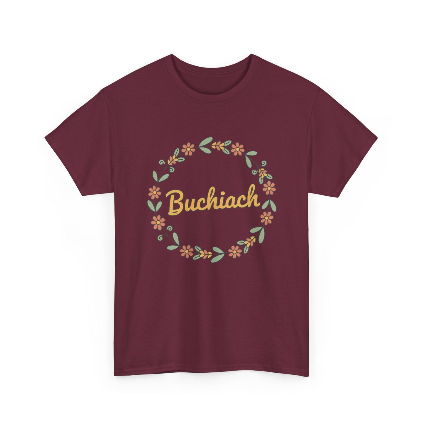 Buchiach Floral Wreath T-Shirt — Retro Script Garden Tee Printify