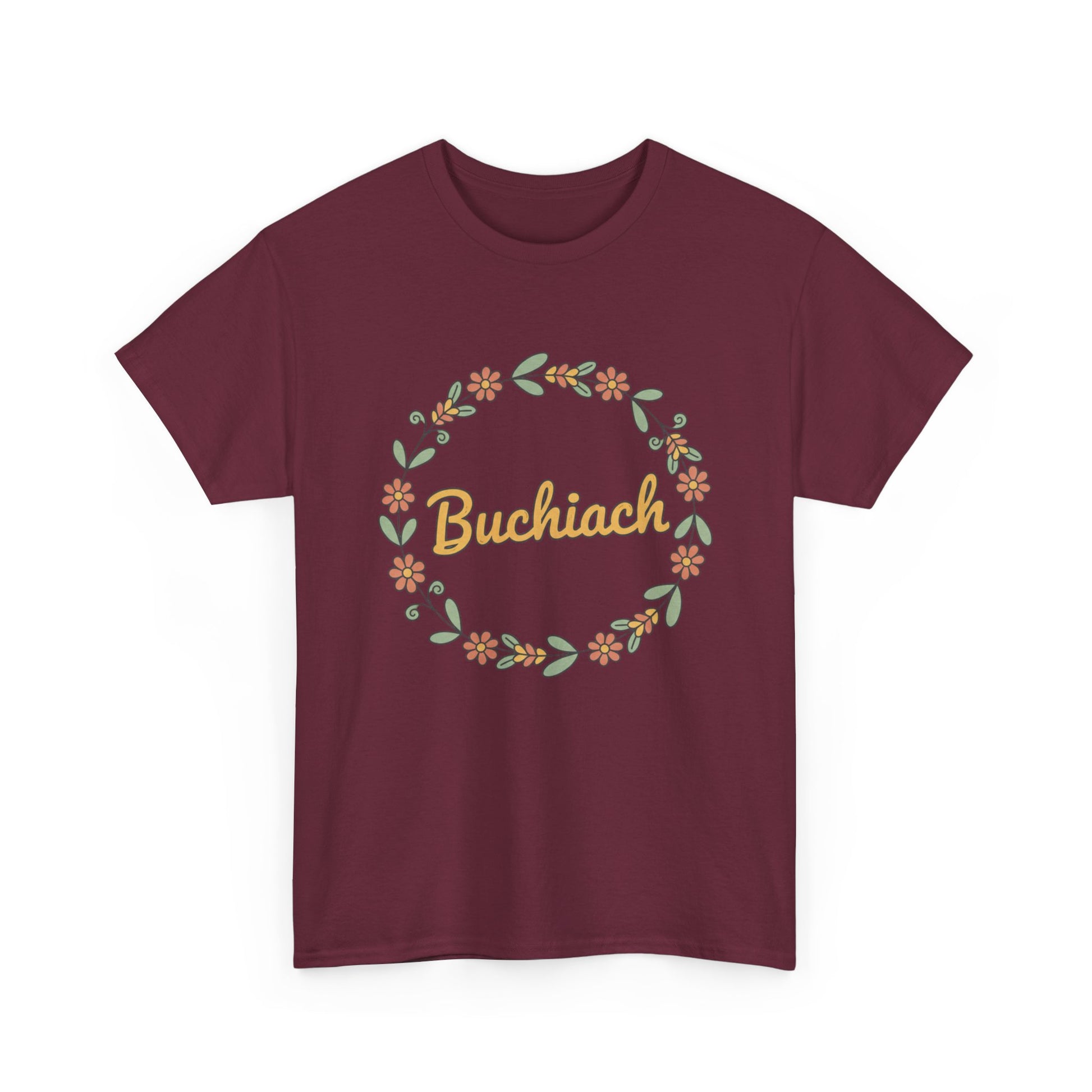 Buchiach Floral Wreath T-Shirt — Retro Script Garden Tee Printify