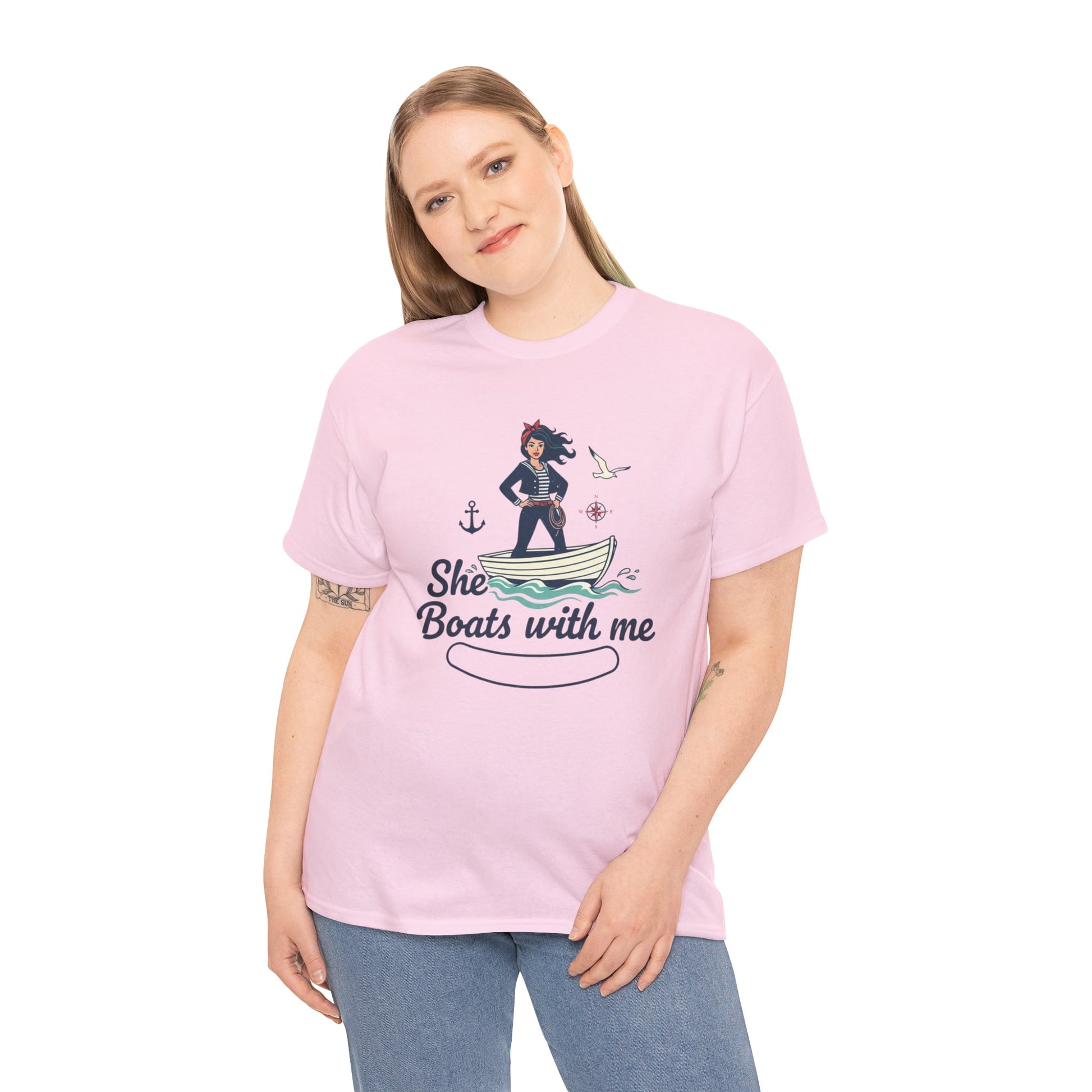 T-Shirt — "She Boats With Me" Nautical Couple Tee Printify