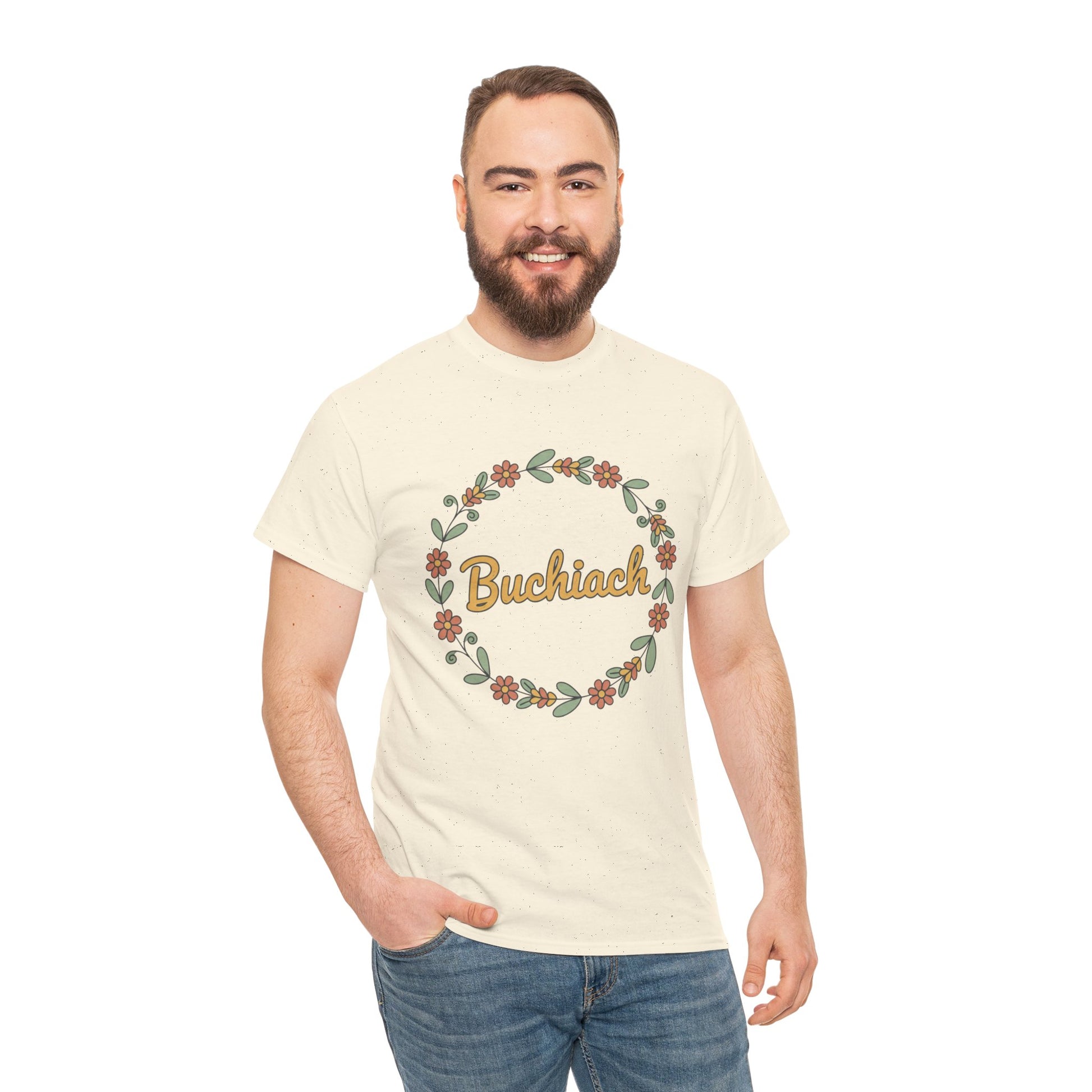 Buchiach Floral Wreath T-Shirt — Retro Script Garden Tee Printify