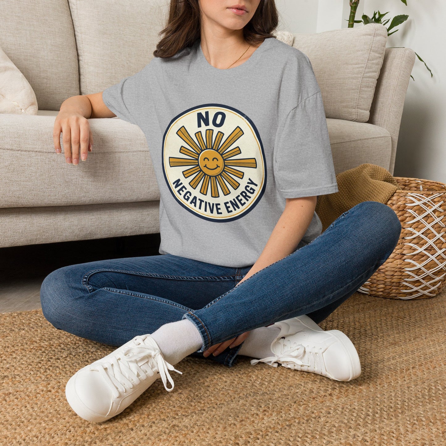 No Negative Energy T-Shirt — Retro Smiling Sun Positive Vibes Tee